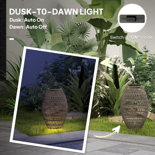 Outsunny Rattan Solar Table Lamp, Garden Solar Lantern with Auto On/Off Light, IP44 Waterproof, Decorative Outdoor Rattan Lamp for Porch, Pathway, Dark Brown