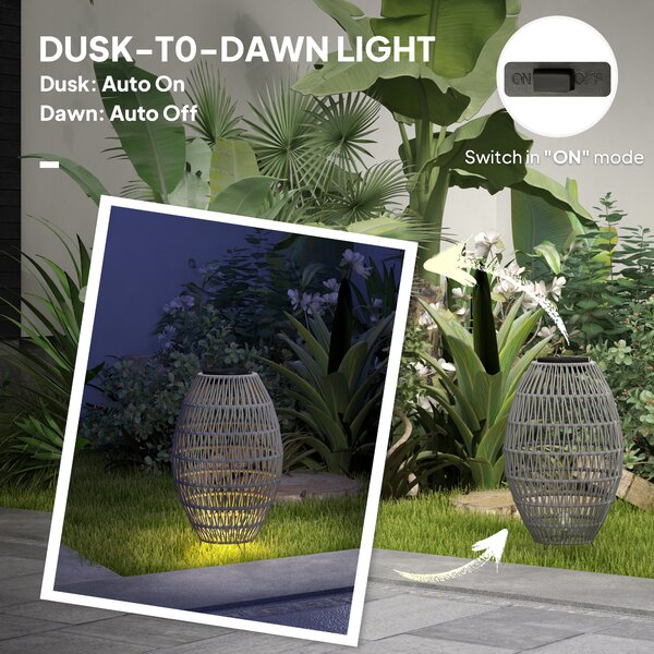 Outsunny Rattan Solar Table Lamp, Garden Solar Lantern with Auto On/Off Light, IP44 Waterproof, Decorative Outdoor Rattan Lamp for Porch, Pathway, Grey
