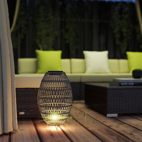 Outsunny Rattan Solar Table Lamp, Garden Solar Lantern with Auto On/Off Light, IP44 Waterproof, Decorative Outdoor Rattan Lamp for Porch, Pathway, Grey
