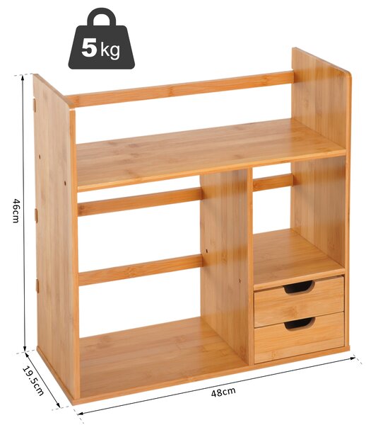 HOMCOM Desk Organiser, Bamboo Desktop Bookshelf with 2 Drawers and Stationery Storage, Reversible Use Aosom UK