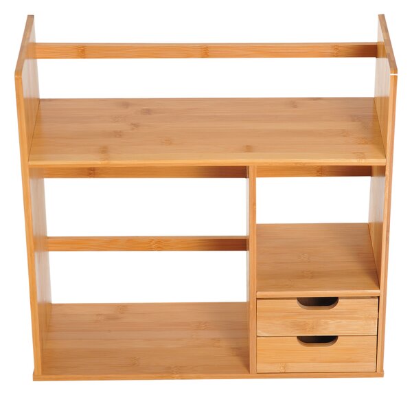 HOMCOM Desk Organiser, Bamboo Desktop Bookshelf with 2 Drawers and Stationery Storage, Reversible Use Aosom UK