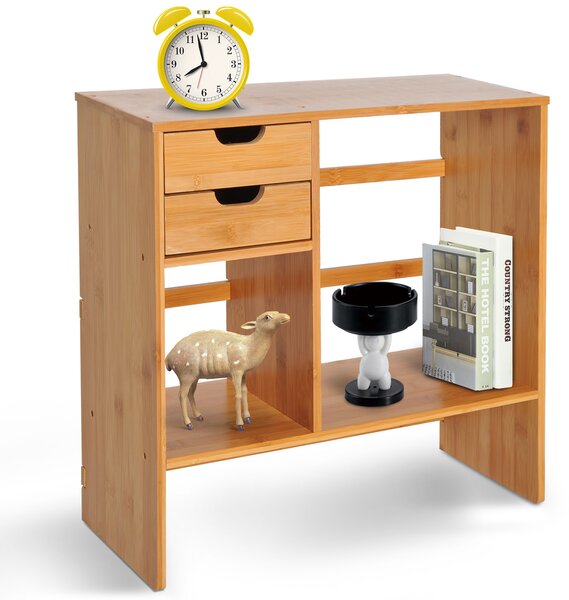 HOMCOM Desk Organiser, Bamboo Desktop Bookshelf with 2 Drawers and Stationery Storage, Reversible Use Aosom UK