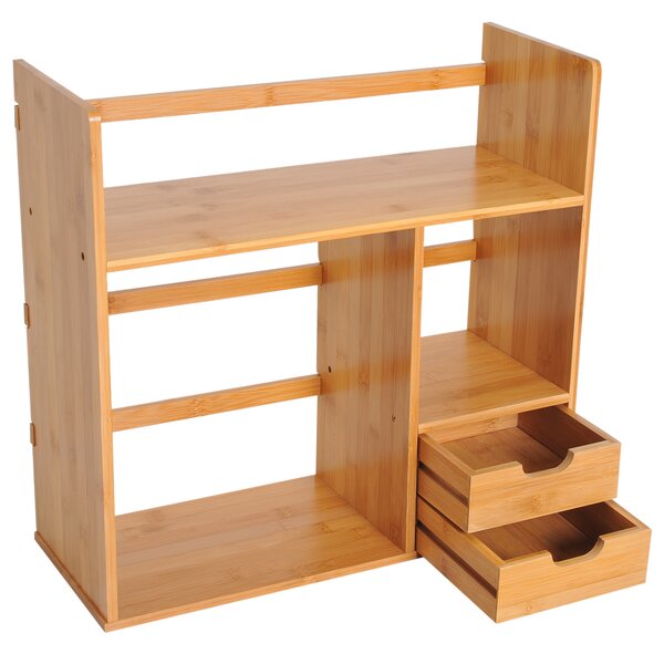 HOMCOM Desk Organiser, Bamboo Desktop Bookshelf with 2 Drawers and Stationery Storage, Reversible Use Aosom UK