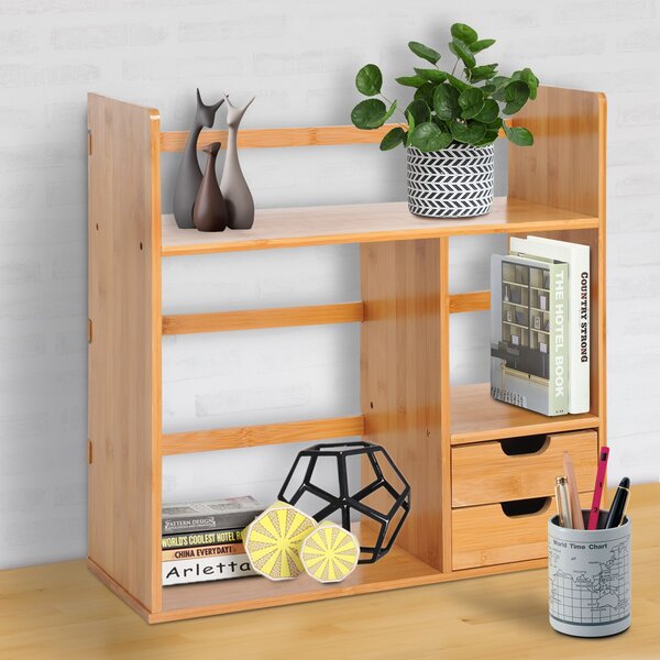 HOMCOM Desk Organiser, Bamboo Desktop Bookshelf with 2 Drawers and Stationery Storage, Reversible Use Aosom UK