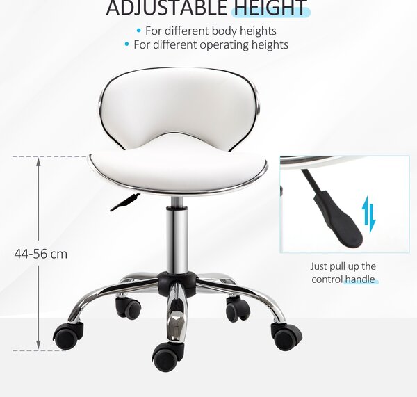HOMCOM PU Leather Rolling Swivel Salon Chair Salon Stool with Backrest White