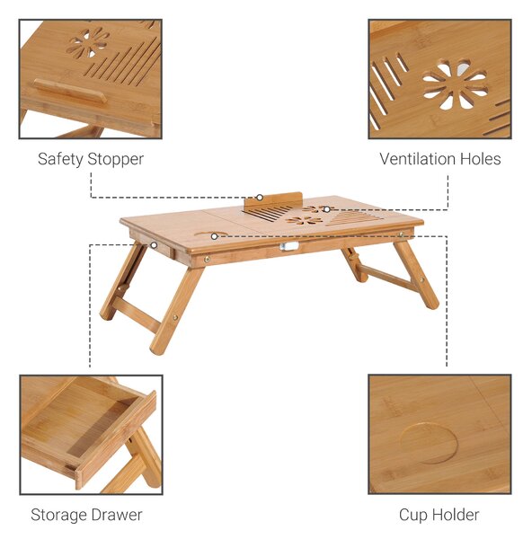 HOMCOM Foldable Laptop Desk Portable Bamboo Laptop Desk with Drawer Aosom UK