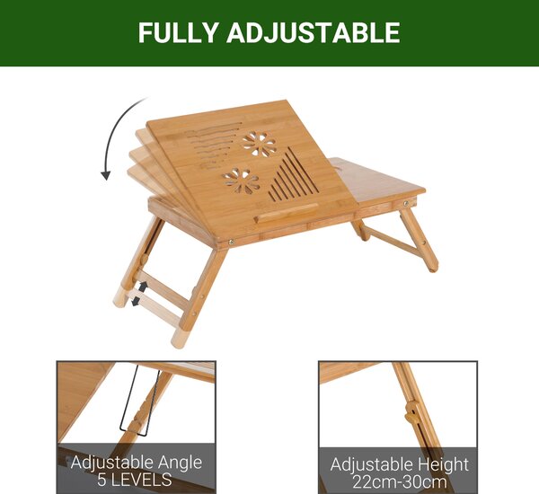 HOMCOM Foldable Laptop Desk Portable Bamboo Laptop Desk with Drawer Aosom UK