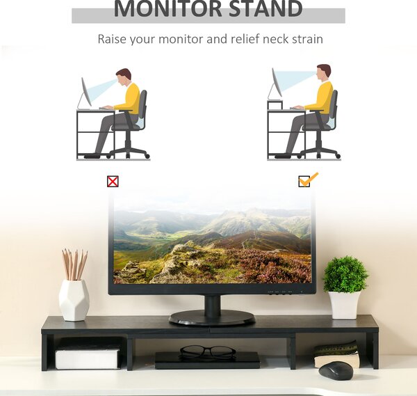 Vinsetto Dual Monitor Stand Riser with Adjustable Length and Angle, Screen Riser for Laptop, Computer, PC, Printer, TV, Black Aosom UK