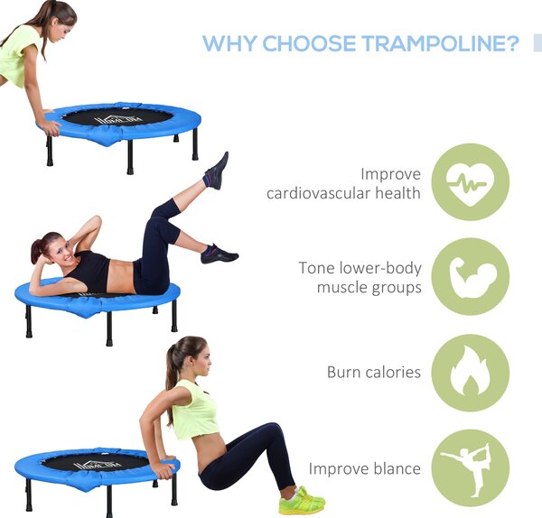 Soozier Φ96cm Foldable Mini Fitness Trampoline Home Gym Yoga Exercise Rebounder Indoor Outdoor Jumper w/ Safety Pad, Blue and Black