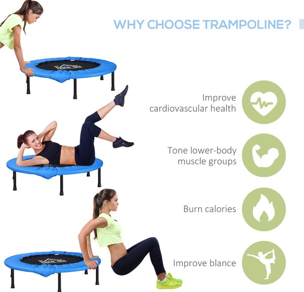 Soozier Φ100cm Foldable Mini Fitness Trampoline Home Gym Yoga Exercise Rebounder Indoor Outdoor Jumper w/ Safety Pad, Blue and Black