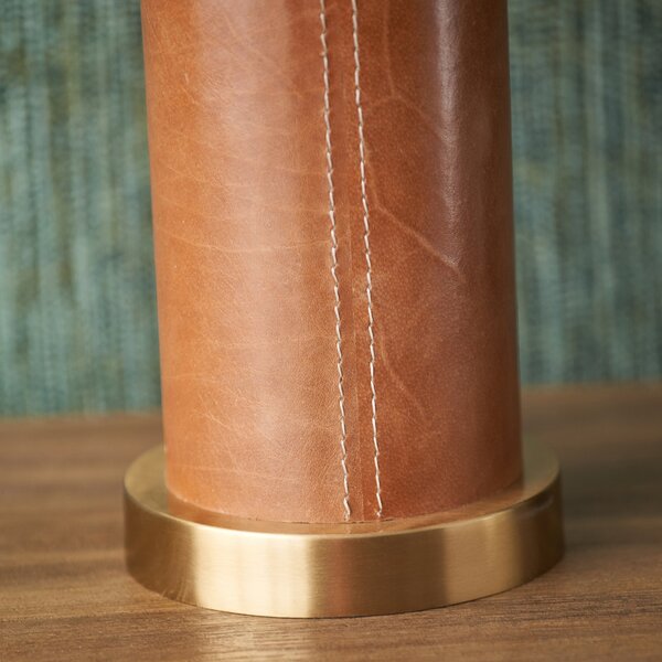 Laurence Tan Leather and Brass Cylindrical Table Lamp