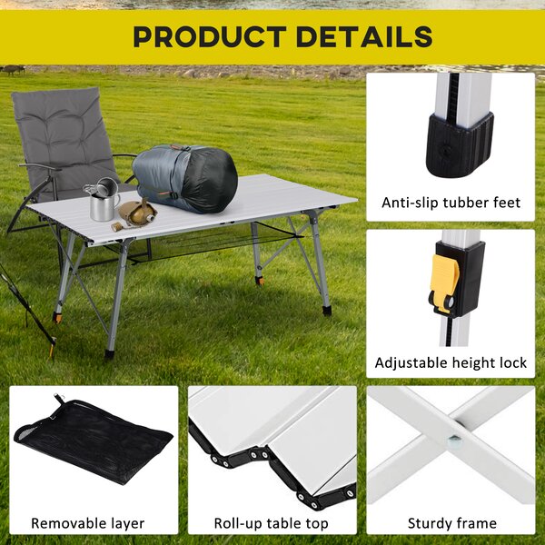 Outsunny Aluminium Portable Folding Picnic Table 4FT, Roll Up Top with Mesh Layer Rack, Ideal for Camping BBQ, Includes Carrying Bag Aosom UK
