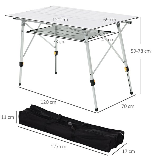 Outsunny Aluminium Portable Folding Picnic Table 4FT, Roll Up Top with Mesh Layer Rack, Ideal for Camping BBQ, Includes Carrying Bag Aosom UK