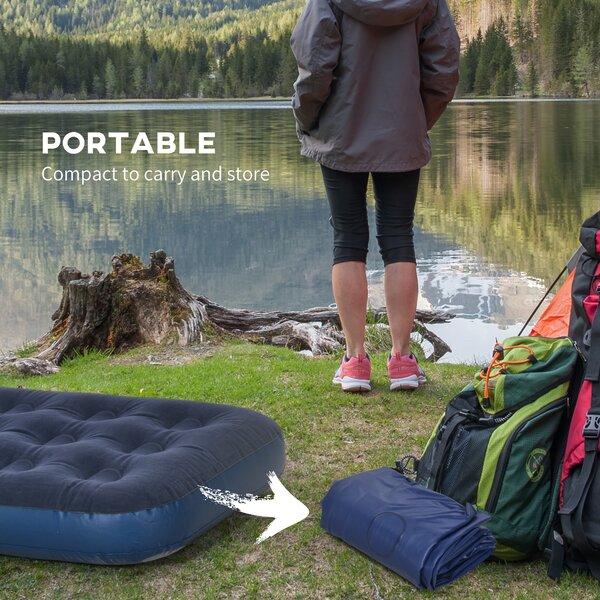 Outsunny Single Air Mattress with Hand Pump, Portable Air Bed with Flocked Surface, 191 x 73 x 22cm, Blue