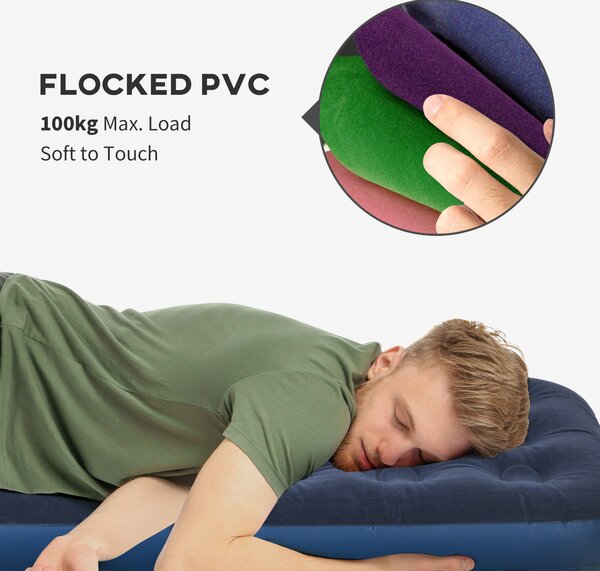 Outsunny Single Air Mattress with Hand Pump, Portable Air Bed with Flocked Surface, 191 x 73 x 22cm, Blue