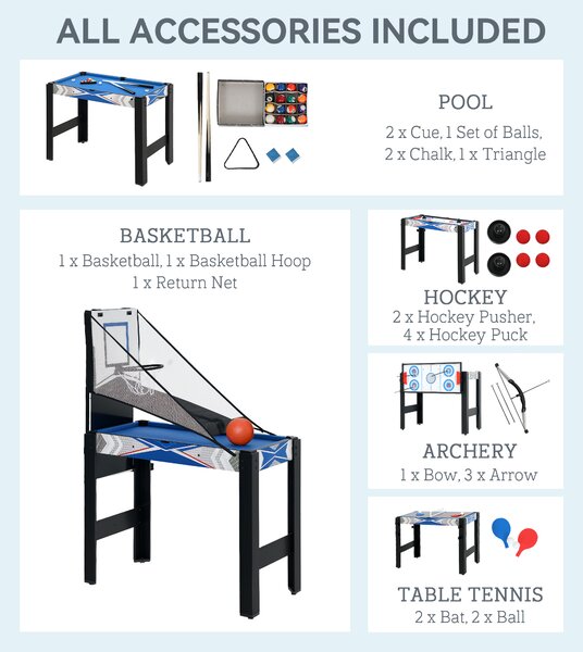 SPORTNOW 5 in 1 Multi Games Table Combo Sports Game Table for Kids, Mini Pool/Table Tennis/Hockey/Basketball Arcade Game/Bow and Arrow, Blue