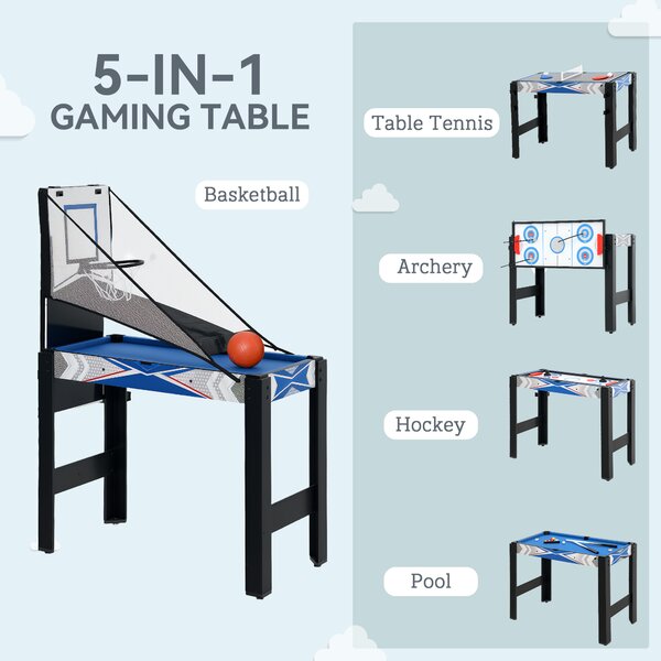 SPORTNOW 5 in 1 Multi Games Table Combo Sports Game Table for Kids, Mini Pool/Table Tennis/Hockey/Basketball Arcade Game/Bow and Arrow, Blue