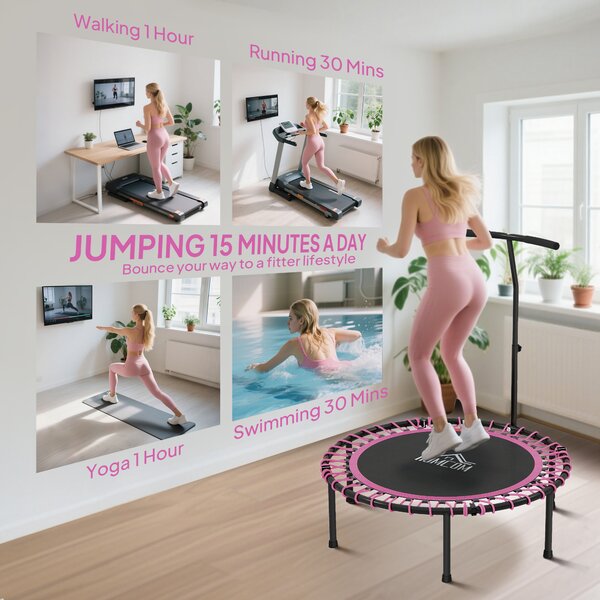 HOMCOM 45" Round Mini Trampoline Rebounder Indoor Outdoor Jumper with Adjustable Handle - Pink