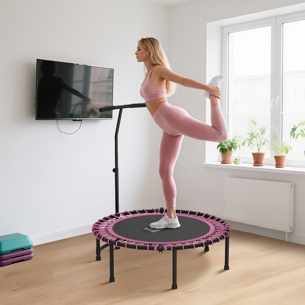 HOMCOM 45" Round Mini Trampoline Rebounder Indoor Outdoor Jumper with Adjustable Handle - Pink