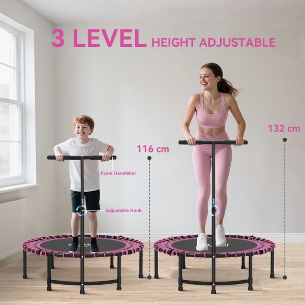 HOMCOM 45" Round Mini Trampoline Rebounder Indoor Outdoor Jumper with Adjustable Handle - Pink