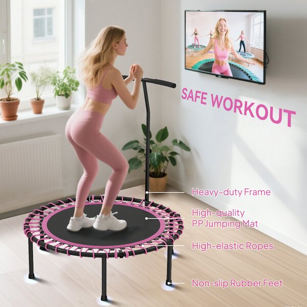 HOMCOM 45" Round Mini Trampoline Rebounder Indoor Outdoor Jumper with Adjustable Handle - Pink