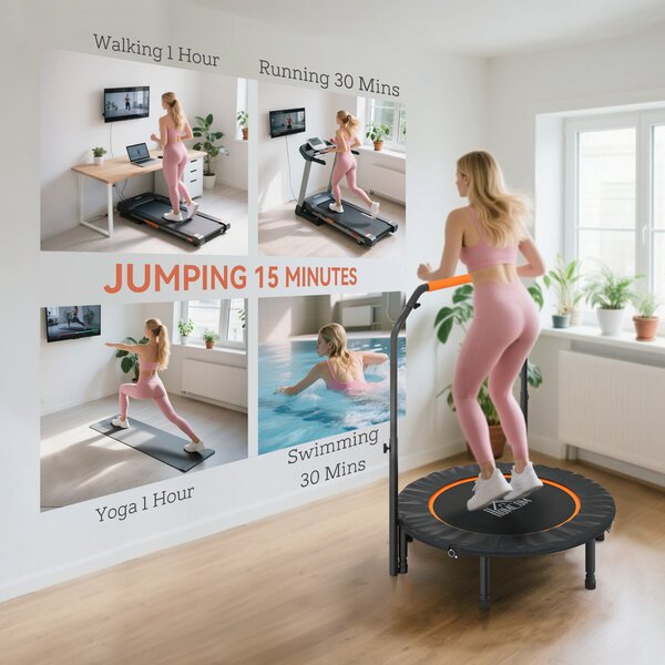HOMCOM 40'' Foldable Mini Trampoline, Fitness Trampoline, Rebounder for Adults with Adjustable Foam Handle for Indoor Outdoor Cardio Training