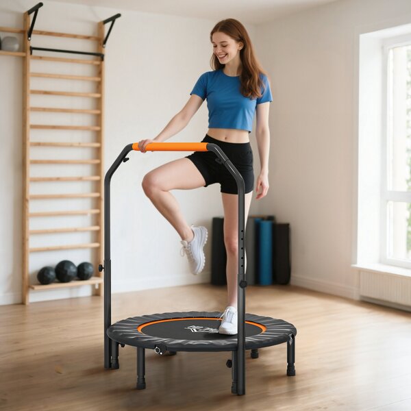 HOMCOM 40'' Foldable Mini Trampoline, Fitness Trampoline, Rebounder for Adults with Adjustable Foam Handle for Indoor Outdoor Cardio Training