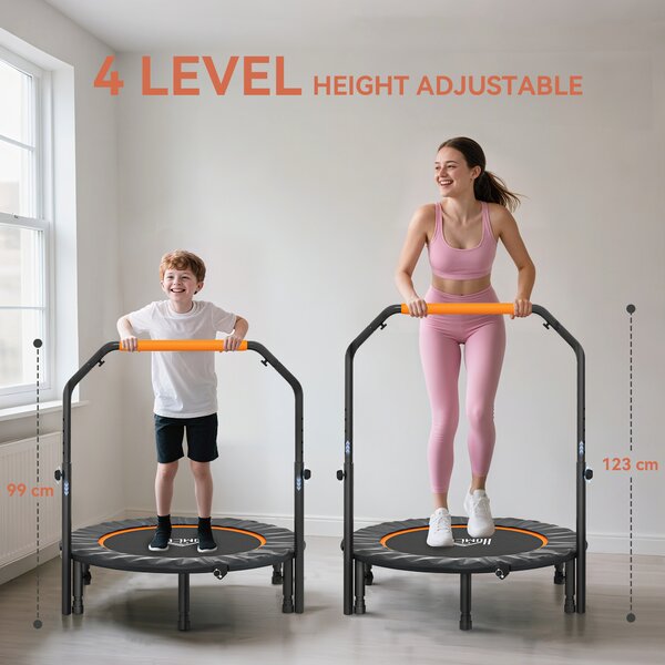 HOMCOM 40'' Foldable Mini Trampoline, Fitness Trampoline, Rebounder for Adults with Adjustable Foam Handle for Indoor Outdoor Cardio Training