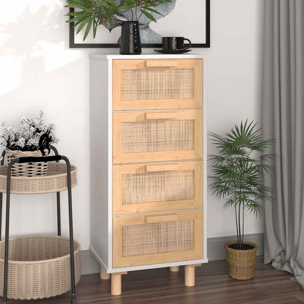 Sideboard White 40x30x90 cm Solid Wood Pine and Natural Rattan