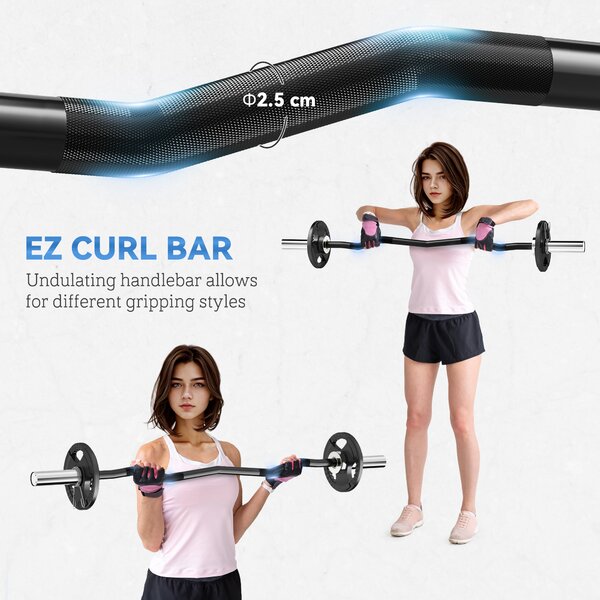SPORTNOW Olympic EZ Curl Bar, Barbell Bar for 2"/5cm Weight Plates with Spring Clips, Home Gym Weight Lifting Bar, 120cm