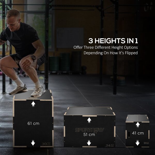 SPORTNOW 3-in-1 Wooden Plyo Box, Anti-Slip Plyometric Jump Platform, Step up Exercise Box w/ Handle Openings for Home Gym Training Aosom UK