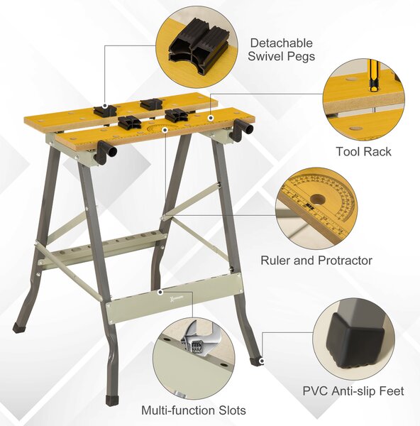 DURHAND 4-in-1 Work Bench, Saw Horse Folding Clamp Table w/ 4 Adjustable Clamping Pegs for DIY Home Garage, Grey