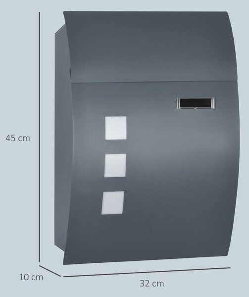 HOMCOM Wall Mounted Letter Box, Weatherproof Post Box for Outside Wall, Modern Mailbox with 2 Keys, Viewing Windows and Nameplate, Anthracite Grey