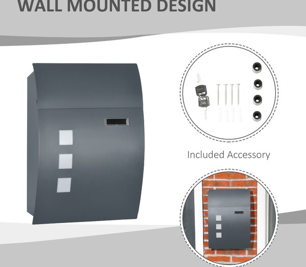 HOMCOM Wall Mounted Letter Box, Weatherproof Post Box for Outside Wall, Modern Mailbox with 2 Keys, Viewing Windows and Nameplate, Anthracite Grey