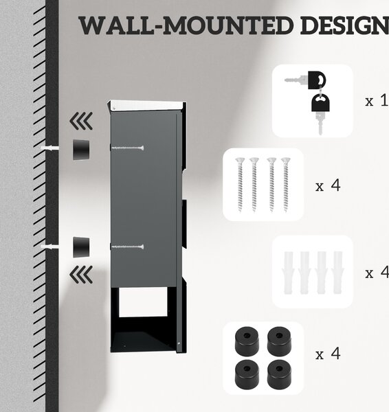 HOMCOM Wall Mounted Post Box with Viewing Window, 2 Lock, Modern Galvanised Steel Mailbox with Copper Core, Weatherproof Letterbox for Outdoor Use, Easy to Install, Charcoal Grey