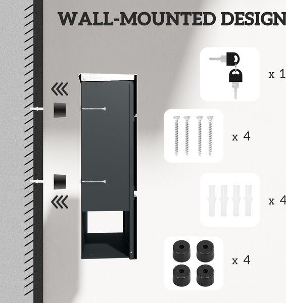 HOMCOM Wall Mounted Post Box with Viewing Window, 2 Lock, Modern Galvanised Steel Mailbox with Copper Core, Weatherproof Letterbox for Outdoor Use, Easy to Install, Silver