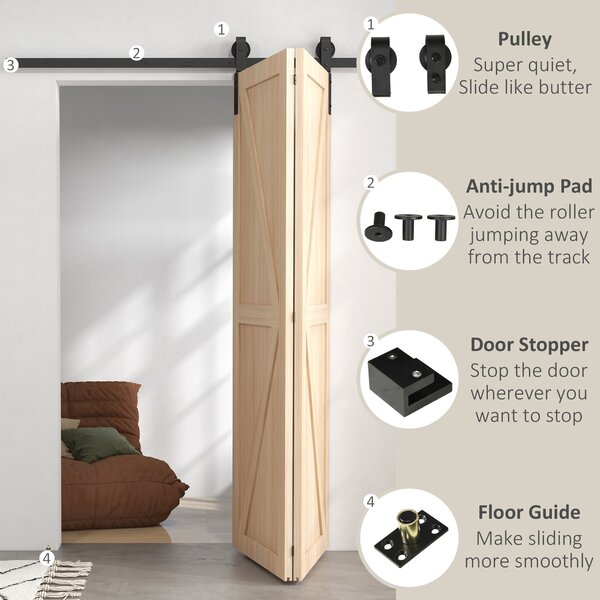 HOMCOM 5FT/152.5CM Bi-Folding Sliding Barn Door Hardware Track Kit, Heavy Duty Sliding Door Kit for 2 Doors with J Shape Hanger Aosom UK