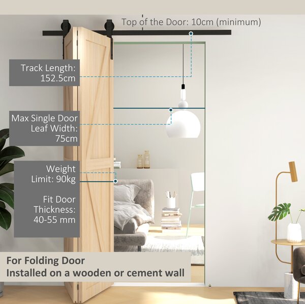 HOMCOM 5FT/152.5CM Bi-Folding Sliding Barn Door Hardware Track Kit, Heavy Duty Sliding Door Kit for 2 Doors with J Shape Hanger Aosom UK