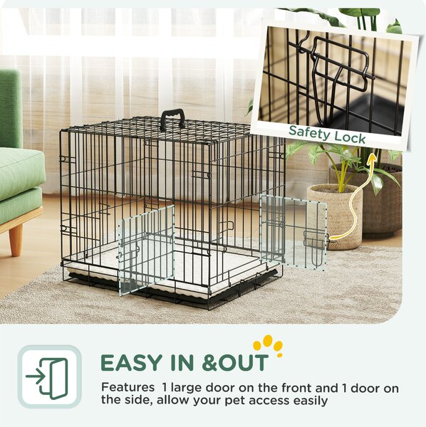 PawHut Dog Crate with 2 Doors with Tray, Soft Cushion, Foldable Metal Dog Cage for Extra Small Dogs, 60 x 40 x 50, Black