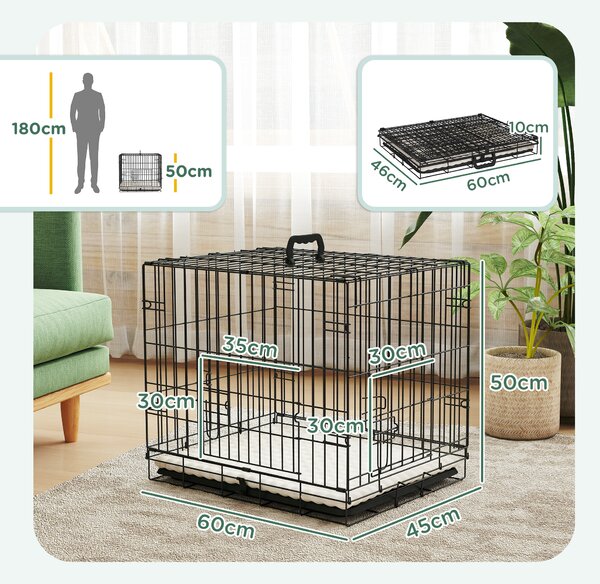 PawHut Dog Crate with 2 Doors with Tray, Soft Cushion, Foldable Metal Dog Cage for Extra Small Dogs, 60 x 40 x 50, Black