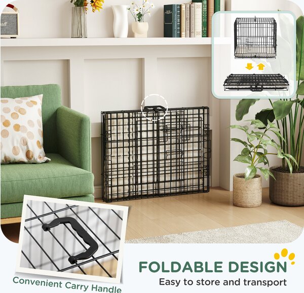 PawHut Dog Crate with 2 Doors with Tray, Soft Cushion, Foldable Metal Dog Cage for Extra Small Dogs, 60 x 40 x 50, Black