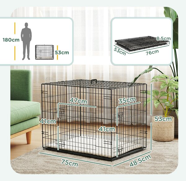 PawHut Dog Crate with 2 Doors with Tray, Soft Cushion, Foldable Metal Dog Cage for Small Dogs, 76 x 53 x 60, Black