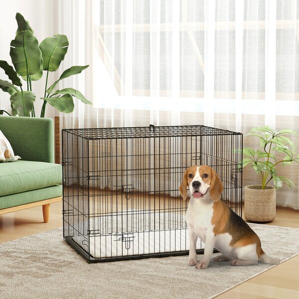 PawHut Dog Crate with 2 Doors with Tray, Soft Cushion, Foldable Metal Dog Cage for Large Medium Dogs, 91 x 62 x 68, Black