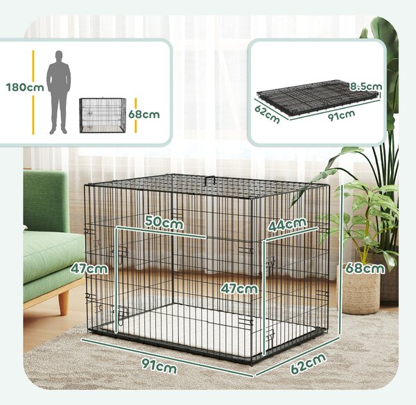 PawHut Dog Crate with 2 Doors with Tray, Soft Cushion, Foldable Metal Dog Cage for Large Medium Dogs, 91 x 62 x 68, Black
