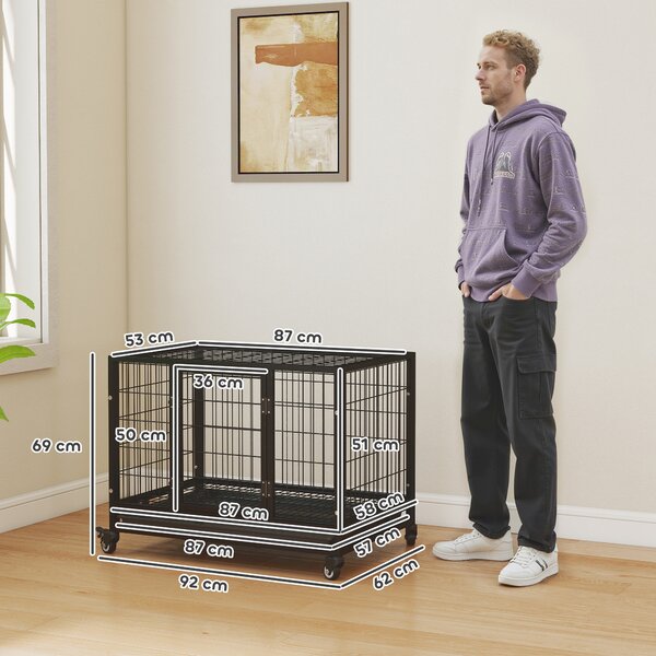 PawHut 38" Heavy Duty Metal Dog Kennel Pet Cage with Crate Tray and Wheels - Black (Medium)