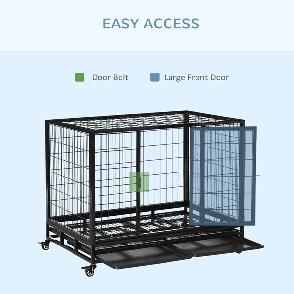 PawHut Xl Dog Crate, 43" Heavy Duty, Metal Pet Cage with Crate Tray and Wheels, Black, Large Aosom UK