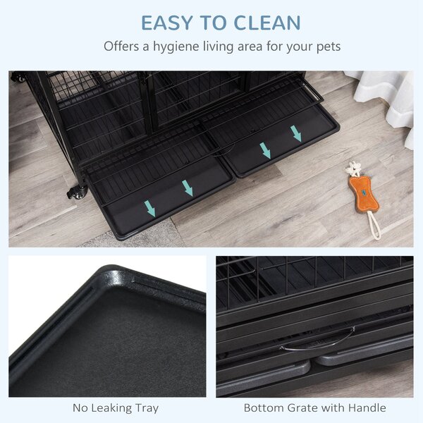 PawHut Xl Dog Crate, 43" Heavy Duty, Metal Pet Cage with Crate Tray and Wheels, Black, Large Aosom UK