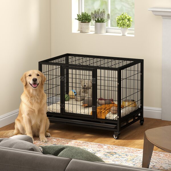 PawHut 38" Heavy Duty Metal Dog Kennel Pet Cage with Crate Tray and Wheels - Black (Medium)