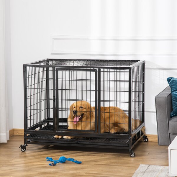 PawHut Xl Dog Crate, 43" Heavy Duty, Metal Pet Cage with Crate Tray and Wheels, Black, Large Aosom UK