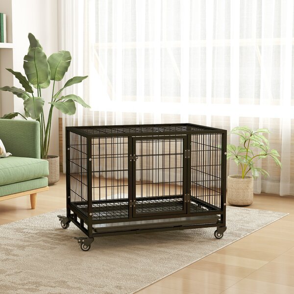 PawHut 38" Heavy Duty Metal Dog Kennel Pet Cage with Crate Tray and Wheels - Black (Medium)